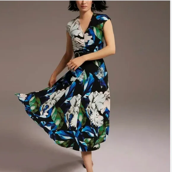 White House Black Market | Dresses | Whbm Cap Sleeve Matte Jersey Shirred  Floral Midi Dress Sz Large Blue Green Black | Poshmark